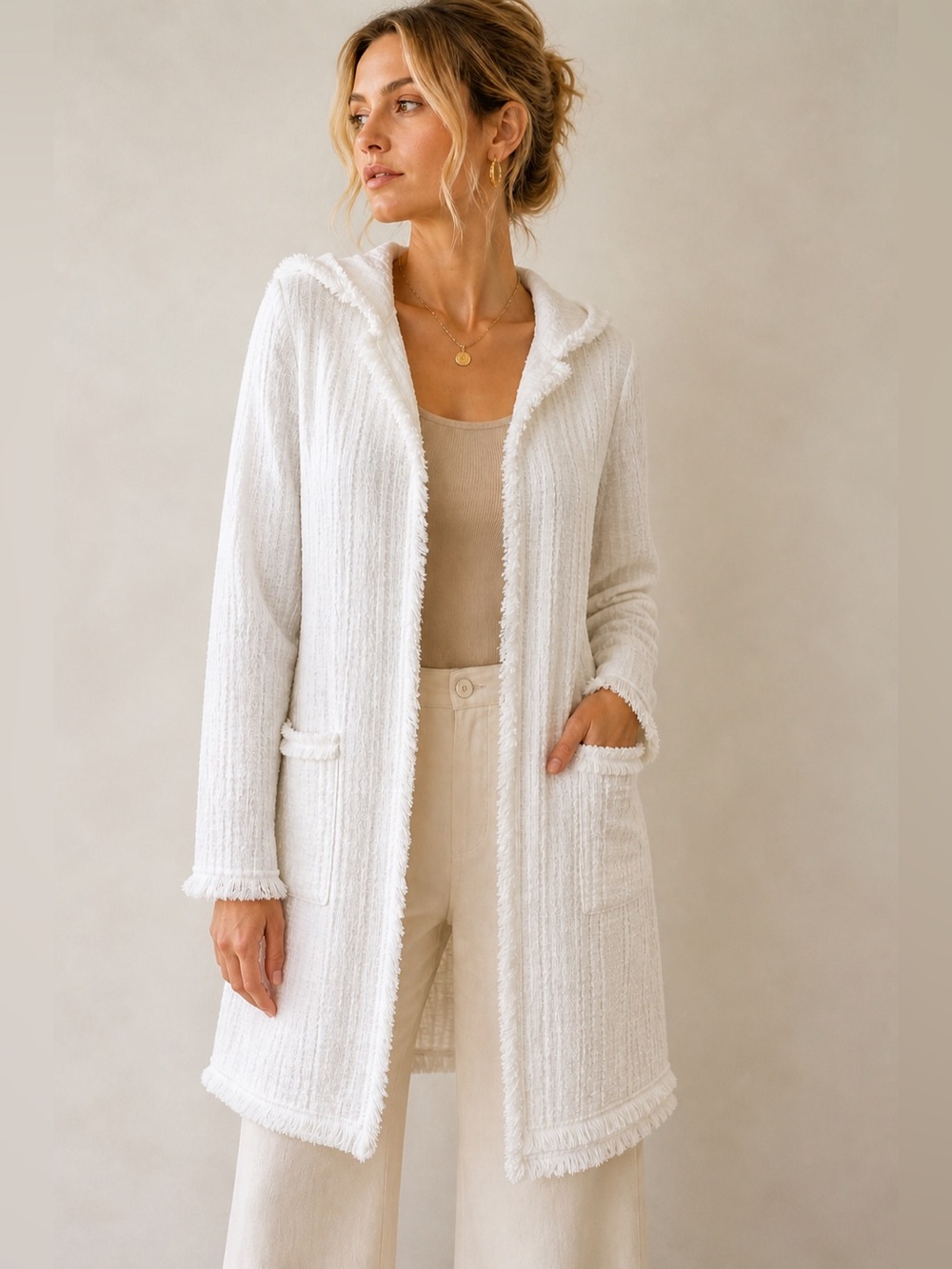 Laundry by Shelli Segal White Hooded Textured Coat Fringe Trim Size S